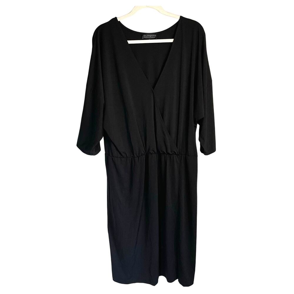 Eloquii Midi Dress Black Sz 18 Surplice Neck Stretchy 3/4 Sleeves Elastic Waist